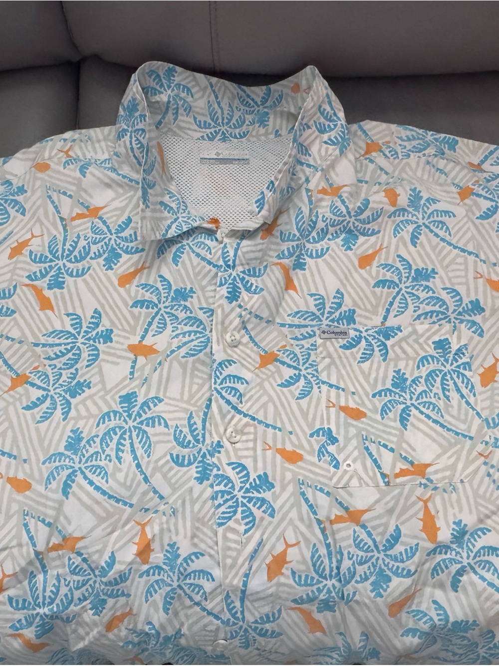 Columbia White Short-Sleeve Tropical Button Down with Blue Palms & Orange Fish